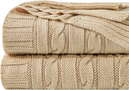Miniatura 23 de NTBAY Manta de punto de cable de 100 % algodón puro, súper suave y cálida de 51 x 67 pulgadas, manta de punto para sofá, sillón, cama, extra Amarillo