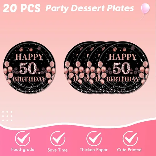 Miniatura 3 de Ryzovo 62 platos y servilletas de papel desechables de 50 cumpleaños, color negro y oro rosa, suministros de fiesta para 20 invitados, incluye 50