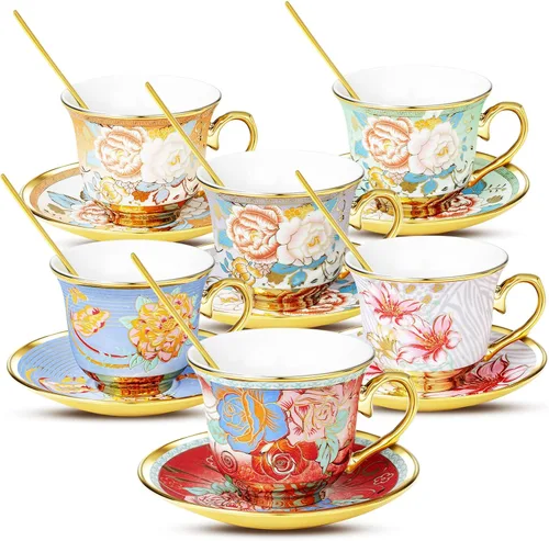Juego de 6 tazas de té y platillos florales de 8 onzas con cucharas, taza de cerámica y platillo para capuchino, expreso, café, café, café con