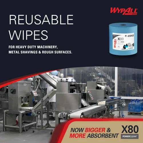 Miniatura 7 de WypAll PowerClean X80 Paños de Limpieza de Uso Pesado (41043), Jumbo, Toallas de Uso Extendido, Azul (1 Rollo de 455 Hojas, Total de 455 Hojas)