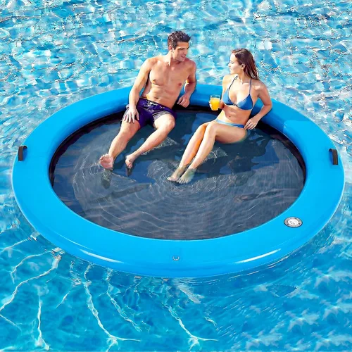 6-12FT Round Inflatable Floating Dock, Sunchill Float Ring, Water Hammock Tanning Pool Floats with Woven Fabric, Manual Pump for Quick Azul
