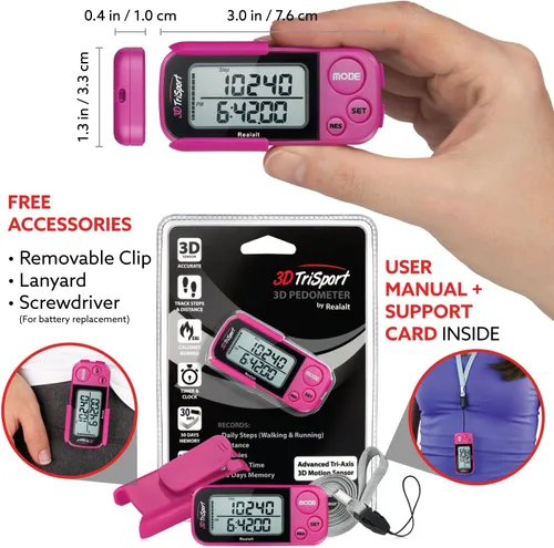 Miniatura 4 de Realalt 3DTriSport 3D Walking Pedometer with Clip & Strap, Accurate Step Counter with 30-Day Memory, Distance in Miles/KM with Large Display Perfect