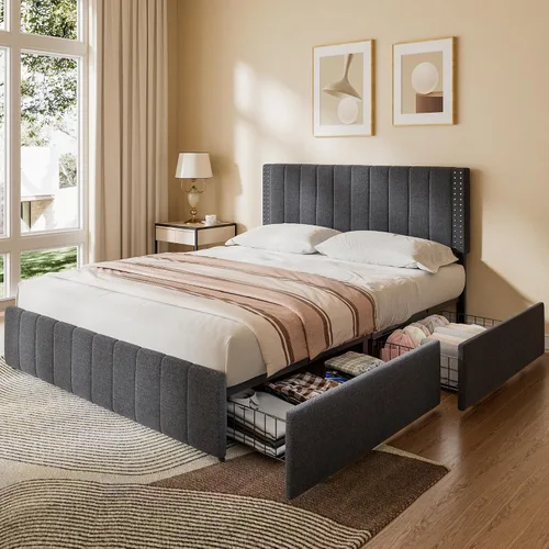 Miniatura 11 de Gizoon Estructuras de cama Full con 4 cajones de almacenamiento sobre ruedas y cabecero ajustable, se adapta a colchones de 6" a 12" pulgadas,