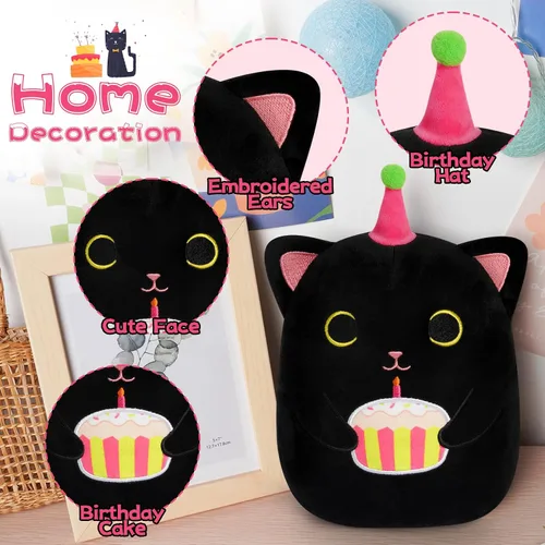 Miniatura 2 de Peluche de gato negro de 8 pulgadas con pastel, lindo regalo de cumpleaños negro para niñas, niños y gatos, decoración de la habitación del hogar