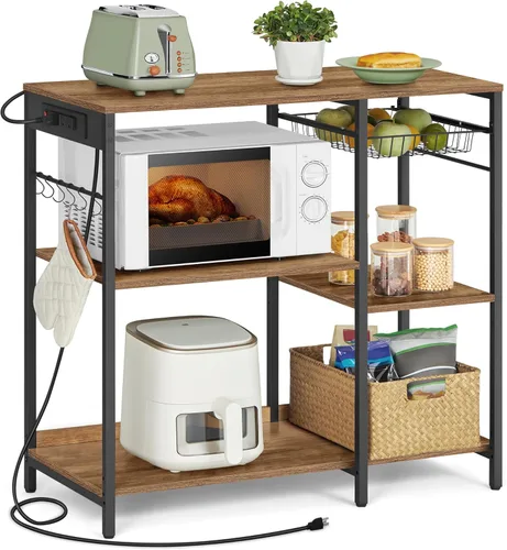 Miniatura 12 de VASAGLE Estante de cocina, soporte para barra de café con estación de carga, 35.6 pulgadas de alto, estantes de almacenamiento, canasta de alambre