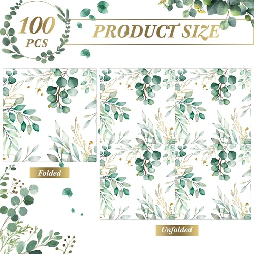 Miniatura 2 de 100 servilletas de eucalipto desechables de 3 capas de papel de hojas de eucalipto, toallas de invitados, servilletas de cóctel, papel verde