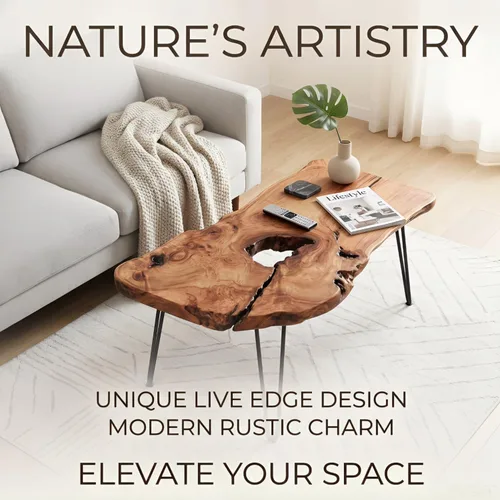 Miniatura 3 de Mesa de centro de madera natural, mesa de centro de borde vivo para sala de estar, escritorio único