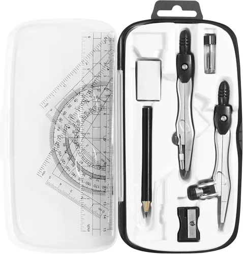 Unjoo Juego de 10 piezas de geometría matemática con caja de almacenamiento inastillable, incluye reglas, transportador, brújula, borrador,
