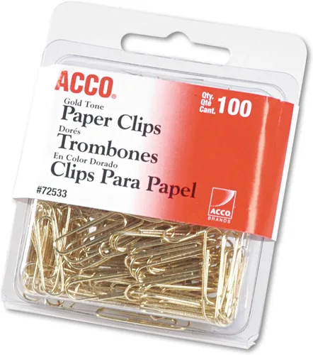 ACCO 72533 Clips de papel, alambre de metal, 2, 1 1/8 pulgadas, tono dorado, 100/caja