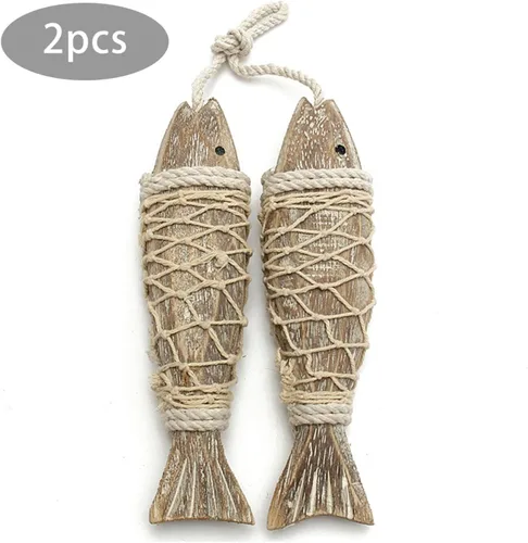 Miniatura 3 de Paquete de 2 piezas de arte de pared de peces de madera, decoración colgante de peces tallados a mano, adorno decorativo de peces para tema náutico