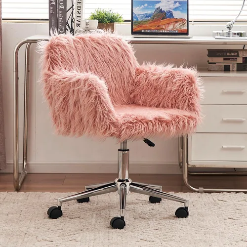 Miniatura 10 de Silla de escritorio giratoria peluda, silla de oficina tapizada de tela de peluche blanca, silla de tocador con ruedas ajustable en altura