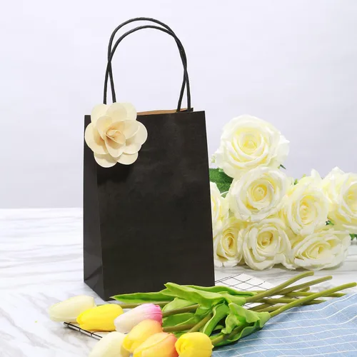 Miniatura 4 de 50 bolsas pequeñas de papel kraft negro con asas, bolsas de regalo de 5.25 x 3.75 x 8 pulgadas para recuerdos de fiesta, regalos de boda, regalos