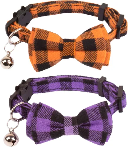ADOGGYGO Collares para gatos de Halloween con campana extraíble con corbatín extraíble, paquete de 2 unidades, collar de lazo de Halloween a cuadros