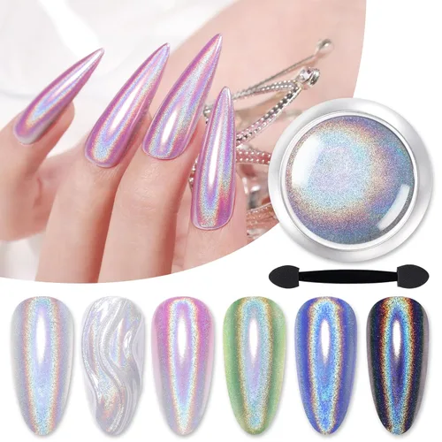 Born Pretty Polvo de Uñas Holográfico Fino Efecto Arco Iris Iridescente Multi Cromo para Manicura en Polvo de Pigmento Holográfico para Salón, Arte