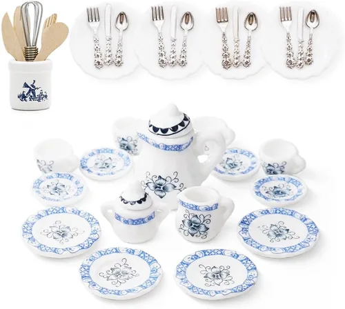 Miniatura 14 de Odoria 1/12 Juego de té de porcelana en miniatura Platos y cubiertos Utensilios de cocina Accesorios para casa de muñecas, azul mediterráneo