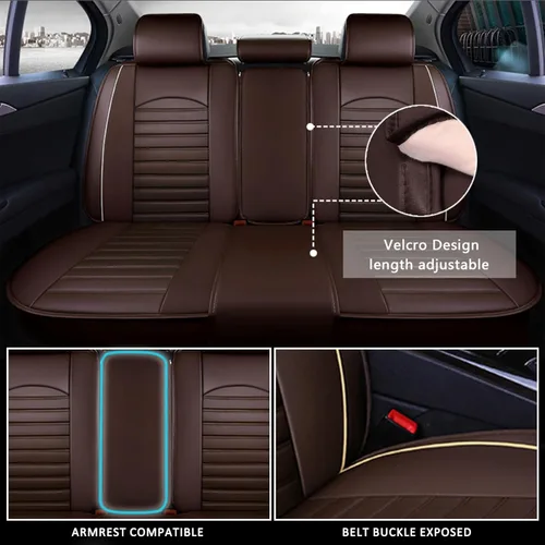 Miniatura 6 de otoez Juego completo de fundas de asiento de automóvil, fundas de asiento de piel sintética de 5 asientos para automóviles, impermeables, Marrón