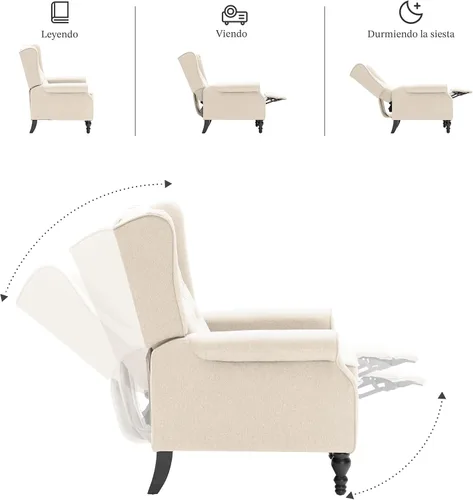 Miniatura 4 de Silla reclinable de ala de mediados de siglo para adultos, sillas reclinables modernas de tela de lino con respaldo acolchado con botones y Beige