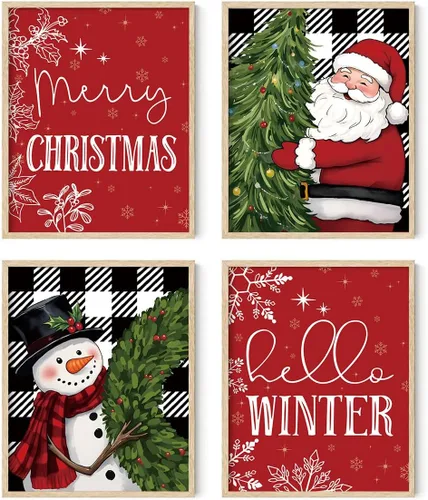 Miniatura 8 de XYDEG Conjunto de 4 Impresiones de Arte Navideño para Pared, Impresiones Navideñas, Hola Invierno Vintage Santa Navidad Muñeco de Nieve Búfalo