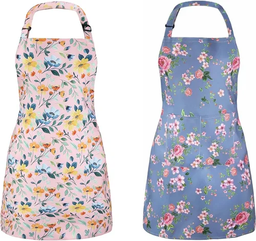 Paquete de 2 delantales de acuarela con flores silvestres para mujer, delantales de cocina ajustables con 2 bolsillos, delantales de chef para el