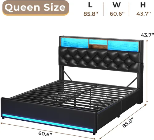 Miniatura 2 de HAUOMS Base de cama Queen con cabecera de 3 niveles y almacenamiento oculto, marco de cama LED tapizado con 4 cajones y estación de carga, marco