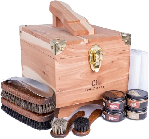 FootFitter Juego de brillo de zapatos con caja de almacenamiento de cedro Grand, cremas polacas, caja de valet y herramientas de cuidado de zapatos
