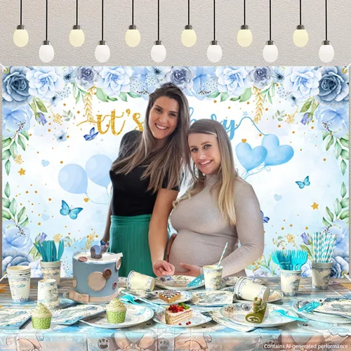 Miniatura 4 de Decoraciones de elefante para baby shower para niño, 224 piezas de suministros azules para baby shower (20 invitados), incluye plato de papel