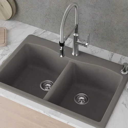 Miniatura 2 de Kraus Forteza - Fregadero de cocina de doble seno 50/50 de granito de instalación empotrada/sobre encimera, 33 pulgadas, color gris (KGD-52GREY)