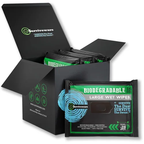 Surviveware Toallitas biodegradables para hombres o mujeres – Toallitas húmedas para la ducha, cara, cuerpo y glúteos, al aire libre, viajes,