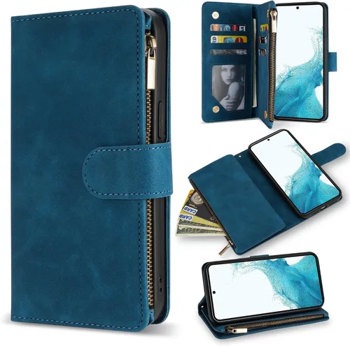Miniatura 25 de ZZXX Funda para Samsung Galaxy S22 Plus con ranura para tarjeta, piel sintética suave de alta calidad, con cremallera, con correa para la muñeca