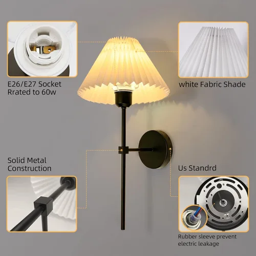 Miniatura 3 de Juegos de 2 apliques de pared, pantalla de lámpara de tela plisada blanca, lámpara de pared negra mate, iluminación de pared con soporte de columna