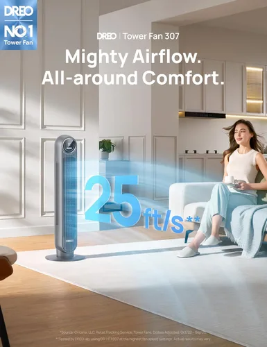 Miniatura 2 de Dreo Ventilador de torre para dormitorio, ventilador de suelo silencioso de velocidad de 25 pies/s, ventiladores oscilantes de 90° para interiores
