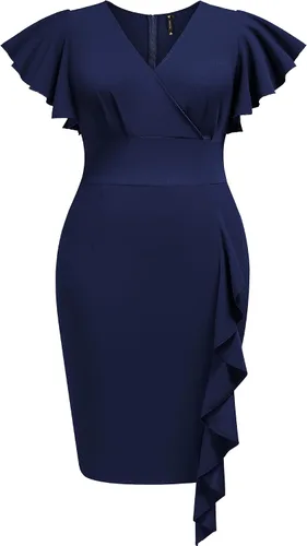 Miusol Vestido de tubo vintage con cuello en V para mujer, talla grande, manga con volantes, para negocios, cóctel, fiesta