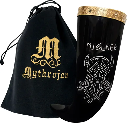 Miniatura 29 de Mythrojan Cuerno vikingo para beber 100% natural, auténtico, decoración de latón, cuerno nórdico con funda de cuero negro, bolsa de lona para vino