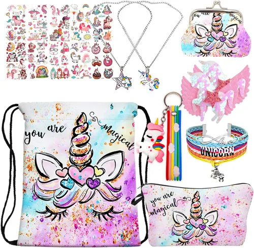 Regalos de unicornio para niña, mochila con cordón, bolsa de maquillaje, collar con colgante de unicornio, pulsera, lazos para el cabello, Color 3