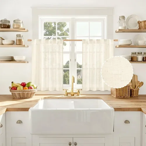 LAMIT Cortinas de lino beige de 30 pulgadas de largo para ventanas pequeñas, cortinas semitransparentes filtrantes de luz, pestaña trasera y