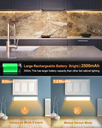 Miniatura 3 de PRIORARE Iluminación para debajo del gabinete, 54 luces LED con sensor de movimiento, 2500 mAh, iluminación magnética ultrafina recargable, 350 lm