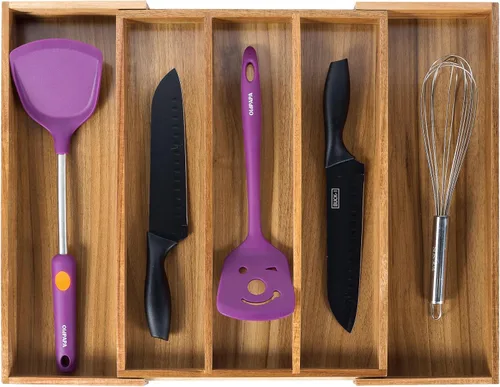 Miniatura 11 de Utoplike Organizador de cajones de cubiertos de bambú, organizador de cajones de utensilios de cocina expandibles, separadores de bandeja de Negro