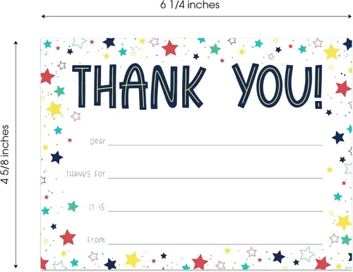 Miniatura 5 de Colorful Stars Thank You Flat Cards / 20 Gender Neutral Kids Fill In Gratitude Note Cards With White Envelopes / 4 5/8" x 6 1/4" Birthday Party