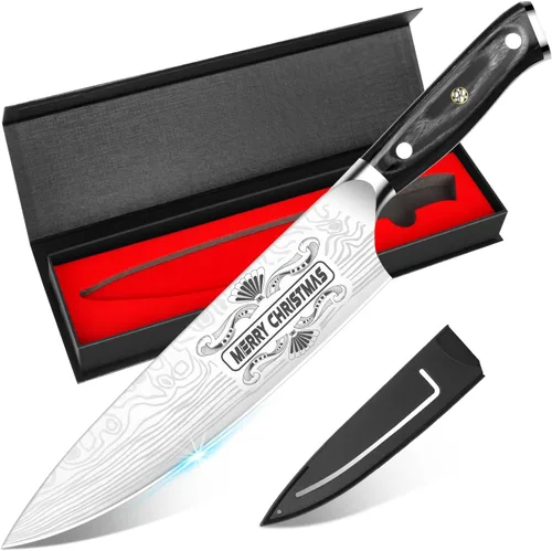Miniatura 17 de MOSFiATA - Cuchillo de chef profesional súper afilado de 8 pulgadas con protector de dedos y sacapuntas, acero inoxidable alemán de alto carbono