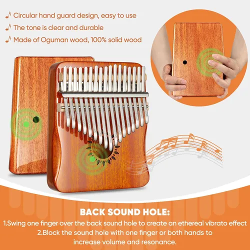 Miniatura 3 de AARVI Kalimba - Piano de pulgar portátil de 17 teclas Mbira con martillo de afinación e instrucciones de estudio, instrumento musical, regalo