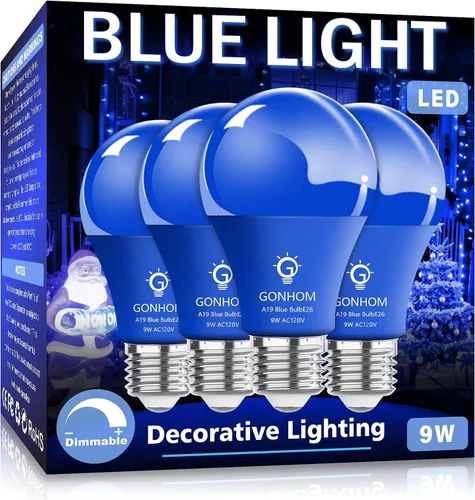 Gonhom Paquete de 4 bombillas LED A19, luces azules equivalentes a 9 W, bombillas de colores de 100 W, base E26 para decoración de fiestas,