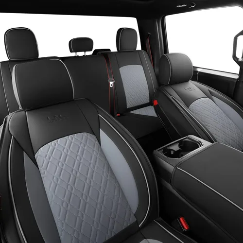 Miniatura 2 de LUCKYMAN CLUB Juego completo de fundas de asiento F150 Q7, para Ford F150 2015-2023 y F250 F350 F450 2017-2023 (juego completo, negro-gris)