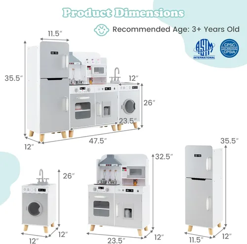Miniatura 8 de HONEY JOY Juego de cocina para niños, 3 piezas, modular de madera de esquina, juego de cocina, refrigerador/lavadora y fregadero, campana extractora