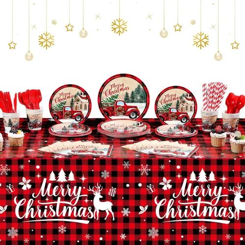Juego de vajilla desechable de 194 piezas de Feliz Navidad, suministros de fiesta de Navidad a cuadros, incluye platos de camión rojos, tazas,
