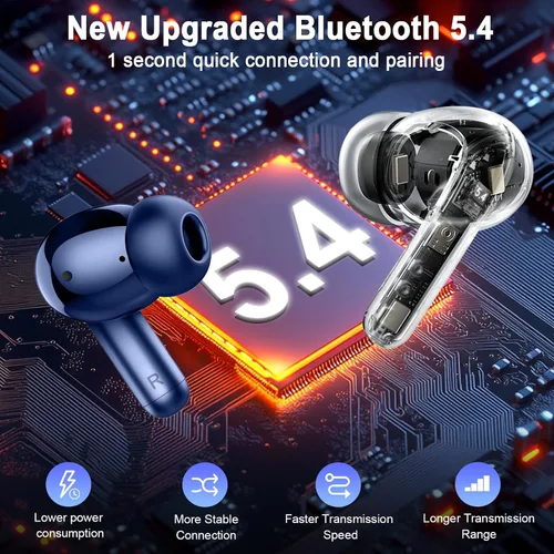 Miniatura 2 de Auriculares inalámbricos, auriculares Bluetooth 5.4 2025 3D Bass Hi-Fi estéreo de alta fidelidad, 4 micrófonos ENC con cancelación de ruido