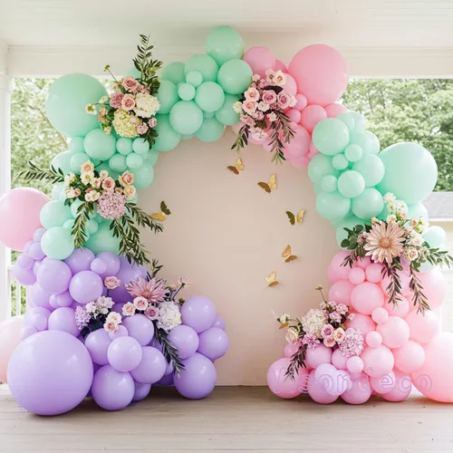 Kit de arco de globos rosa, morado y verde menta, globos pastel de doble relleno con mariposas doradas para baby shower, cumpleaños de niña, tema de