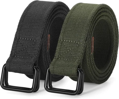 Miniatura 12 de JASGOOD Cinturones de tela de lona para hombre, cinturones casuales de tela con hebilla de doble anillo negro, paquete de 2