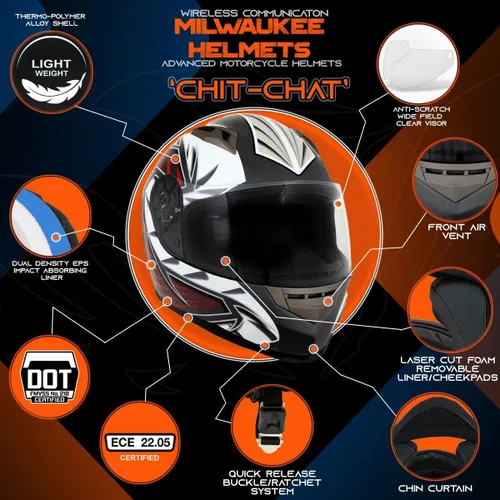 Miniatura 2 de Milwaukee Helmets H520 Casco de motocicleta de cara completa negro con intercomunicador, altavoz y micrófono integrados para hombres/mujeres