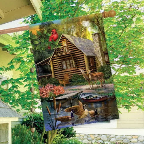 Miniatura 2 de Bandera de casa de verano con diseño de cabaña de lago y ciervo, 28 x 40 pulgadas Briarwood Lane