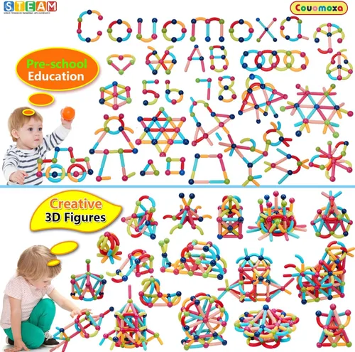 Miniatura 7 de COUOMOXA Bloques de construcción magnéticos para niños pequeños: juguetes educativos STEM para niños de 3, 4 y 5 años, juego Montessori de palo